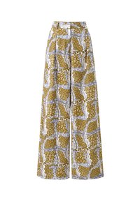 Pantalons à jambes larges avec taille haute, présentant un motif abstrait de fleurs et de léopard en marron, blanc et bleu.