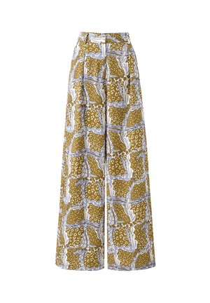 Pantalons à jambes larges avec taille haute, présentant un motif abstrait de fleurs et de léopard en marron, blanc et bleu.