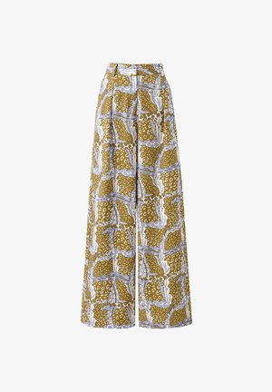 Wide-leg pants with high waist, featuring a brown, white, and blue abstract floral and leopard print pattern.