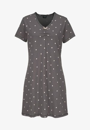 Vestido gris de manga corta con escote en V, que presenta un centro fruncido y pequeños patrones de corazones rosas. Detalle final incluye bordes en forma de puntilla.