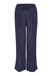 Donkerblauwe wijde broek met een gestructureerd patroon van verticale lijnen in tinten roze en paars, met een elastische tailleband en een trekkoord.