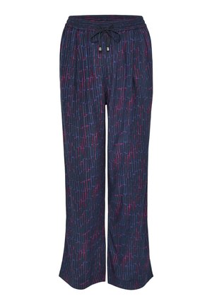 Donkerblauwe wijde broek met een gestructureerd patroon van verticale lijnen in tinten roze en paars, met een elastische tailleband en een trekkoord.