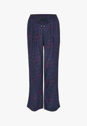 Donkerblauwe wijde broek met een gestructureerd patroon van verticale lijnen in tinten roze en paars, met een elastische tailleband en een trekkoord.