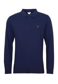 Polo a maniche lunghe blu navy in cotone, con colletto, patta con tre bottoni, piccolo dettaglio del logo e polsini a costine.