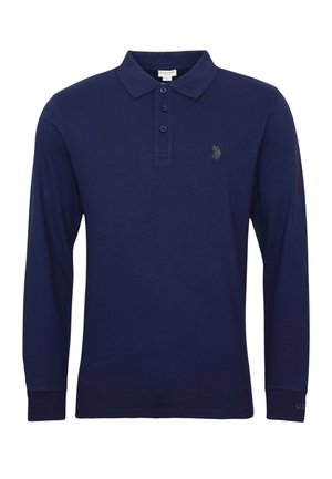Navy long-sleeve polo shirt made of cotton, featuring a collar, three-button placket, small logo detail, and ribbed cuffs.