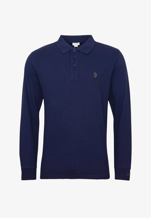 Polo de manga larga azul marino hecho de algodón, con cuello, tapeta de tres botones, pequeño detalle de logo y puños acanalados.