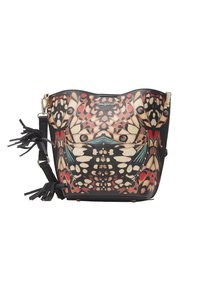 Borsa in pelle nera con un motivo di farfalle colorate, caratterizzata da decorazioni, una forma strutturata e una tracolla removibile con nappine.