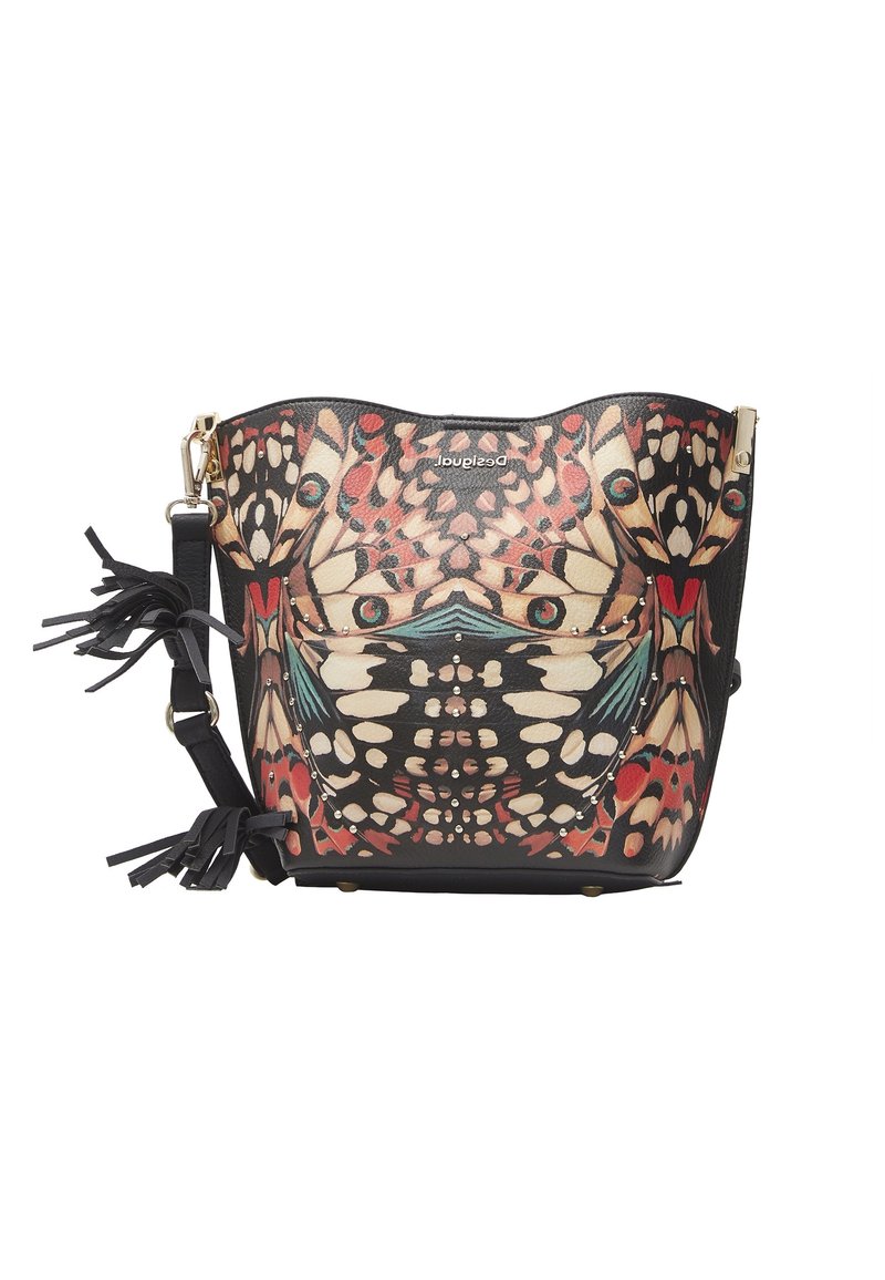 Borsa in pelle nera con un motivo di farfalle colorate, caratterizzata da decorazioni, una forma strutturata e una tracolla removibile con nappine.