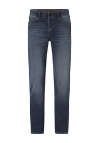 Dunkelblaue Jeans aus Denim mit geradem Schnitt, fünf Taschen und sichtbaren Nähdetails. Der Stoff hat eine glatte Textur mit einem leichten Verblassen.