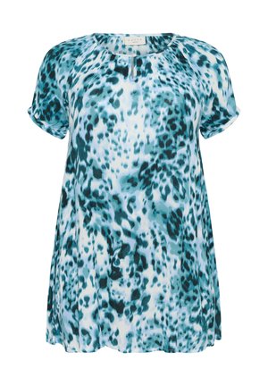 Short-sleeve blouse in light blue and teal with a leopard print pattern, featuring a round neckline and relaxed fit. Smooth, lightweight fabric.