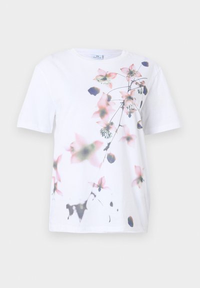 Hvit bomulls T-skjorte med blomstertrykk i nyanser av rosa og grønt. Korte ermer og rund halslinning. Glatt tekstur.