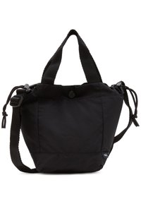 Zwarte nylon tas met dubbele banden, gekruist bovenaan en een knoopsluiting. Heeft een gestructureerd oppervlak en verstelbare zijkoordjes voor het aanpassen van de vorm.