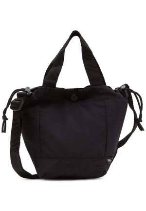 Sac en nylon noir avec deux poignées, haut resserré et fermeture à bouton. Présente une surface texturée et des cordons latéraux ajustables pour personnaliser la forme.