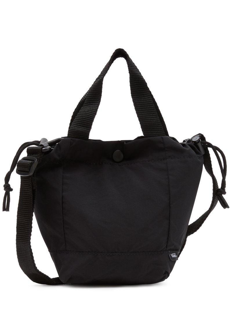 Zwarte nylon tas met dubbele banden, gekruist bovenaan en een knoopsluiting. Heeft een gestructureerd oppervlak en verstelbare zijkoordjes voor het aanpassen van de vorm.