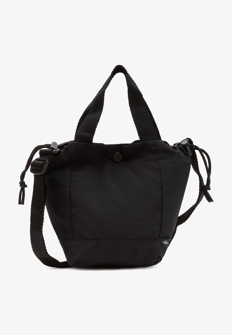 Zwarte nylon tas met dubbele banden, gekruist bovenaan en een knoopsluiting. Heeft een gestructureerd oppervlak en verstelbare zijkoordjes voor het aanpassen van de vorm.