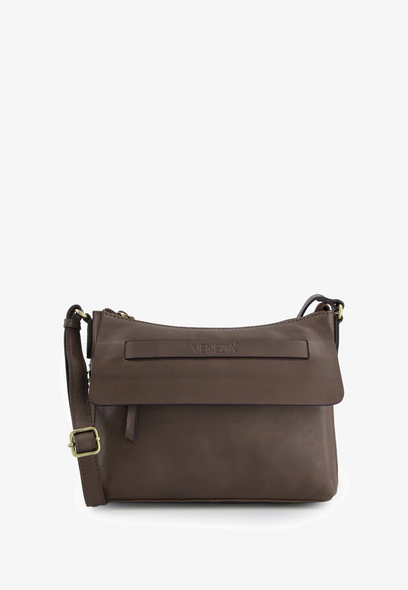 Brown leather crossbody bag with a flap closure, adjustable strap, brand embossing on the front, and a sleek, minimalist design.