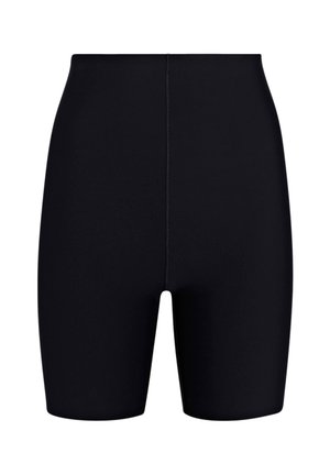 Pantaloni corti neri a vita alta realizzati in tessuto elasticizzato, caratterizzati da una superficie liscia e un design semplice e lineare, senza decorazioni.