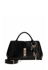 Sac à main en cuir noir à design structuré, avec accents en métal doré, logo et breloques latérales. Comprend une bandoulière noire amovible pour plus de polyvalence.