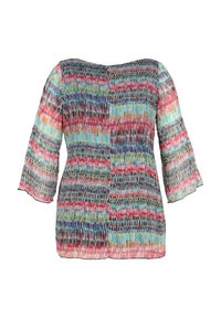 Blouse légère avec un motif coloré à traits de pinceau horizontaux et des manches trois-quarts, avec un col rond et une coupe fluide.