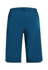 Shorts pour hommes bleu foncé, longueur genou, avec passants pour ceinture et une petite poche latérale, montrés de dos sur fond blanc.