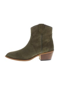 Olive green suede ankle boots with a pointed toe, low stacked heel, and pull tab; features decorative stitching and a smooth finish.