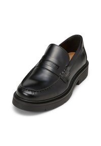 Schwarze Lederloafer mit glatter Oberfläche, ausgestattet mit Obernaht und einem erhöhten Band vorne. Robuste schwarze Gummisohle.