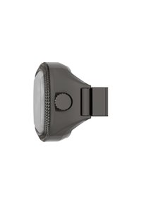 Montre-bracelet grise avec un cadran en verre circulaire et facetté, une lunette texturée et un attache de bracelet. Comprend une couronne proéminente sur le côté.