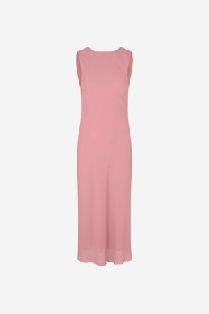 A pink sleeveless dress with a round neckline, made from lightweight fabric, falls just below the knee with a smooth, flowing texture.