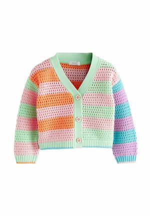 Gehäkelte Strickjacke mit pastellfarbenen Streifen in Grün, Pink, Orange, Lila und Blau, mit V-Ausschnitt und drei blumenförmigen Knöpfen.