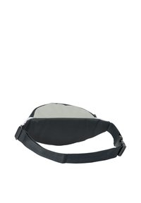 Kompaktowa szara i czarna saszetka na pas z regulowanym paskiem i klamrą, zaprojektowana do noszenia bez użycia rąk.