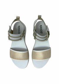 Weiße Sandalen mit einem strukturierten goldenen Band vorne und drei verstellbaren Riemen auf der Rückseite. Leichtgewichtig mit einer glatten Oberfläche.