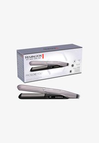 Piastra per capelli Remington con un design elegante in argento e nero. Caratteristiche di controlli digitali, bordi arrotondati e piastre in ceramica. Confezione in scatola inclusa.
