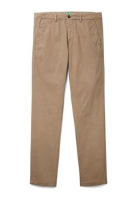 Beige Baumwollchinos mit geradem Schnitt, ausgestattet mit Taschen vorne, einem Reißverschluss und einem Knopfverschluss. Glatte Textur, keine sichtbaren Muster oder Akzente.