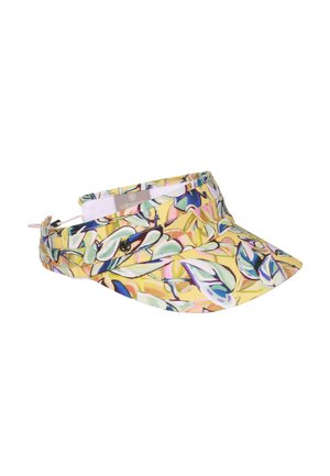 Geltona skydinė kepurė su įvairiaspalviu abstrakčiu lapų raštu ir reguliuojama dirželiu gale.