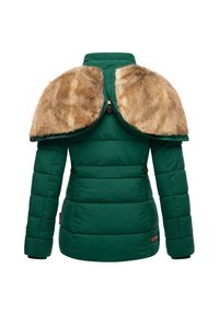 Green puffer jacket with a faux fur collar, featuring a zip closure, side pockets, and quilted texture. A practical and warm outerwear option.