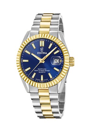 Reloj de pulsera bicolor de acero inoxidable y oro con esfera azul, indicadores dorados, fecha a las 3 en punto y bisel dorado estriado.