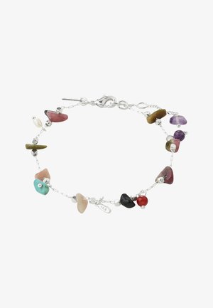 Delicate silver chain bracelet with multi-colored irregular gemstone beads and a lobster clasp closure on a white background.