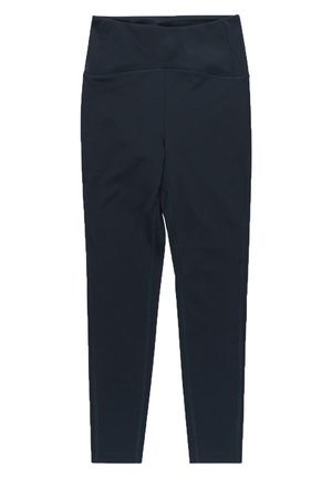 Marineblaue High-Waist-Leggings aus elastischem Stoff, mit einer glatten Oberfläche und flachen Nähten für Komfort und Unterstützung.