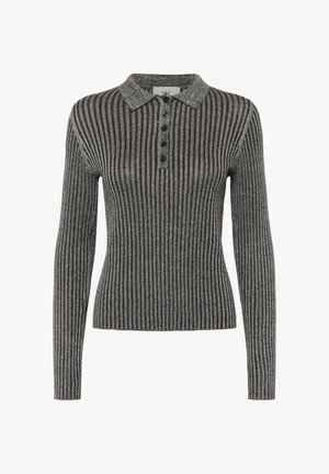 Gestreepte polo met lange mouwen in grijs, met een kraaghals, sluiting met zeven knopen aan de voorkant en metallic draden voor textuur.