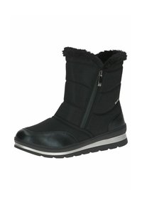 Zwarte winterlaars met een zijrits, bontvoering, waterdicht materiaal en een profielzool voor bescherming tegen koude weersomstandigheden.