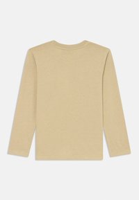 Langärmliges T-Shirt aus hellbeigem Baumwollstoff. Rundhalsausschnitt mit einfacher Naht, keine Muster oder Akzente. Glatte Textur, schlichtes Design.