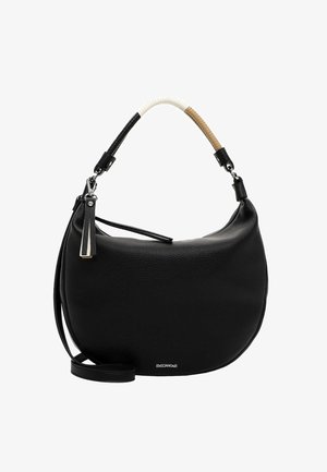 Black crescent-shaped leather handbag with short color-blocked handle in black, white, and beige, and a detachable longer strap.