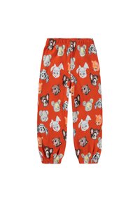 Oranje broek met verschillende dierengezichten in een herhaald patroon. De elastische tailleband en boorden zorgen voor een comfortabele pasvorm en flexibiliteit.