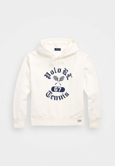 White hooded sweatshirt with navy graphic featuring crossed tennis rackets, "Polo R." and "67 Tennis" text. Soft texture, drawstring hood.