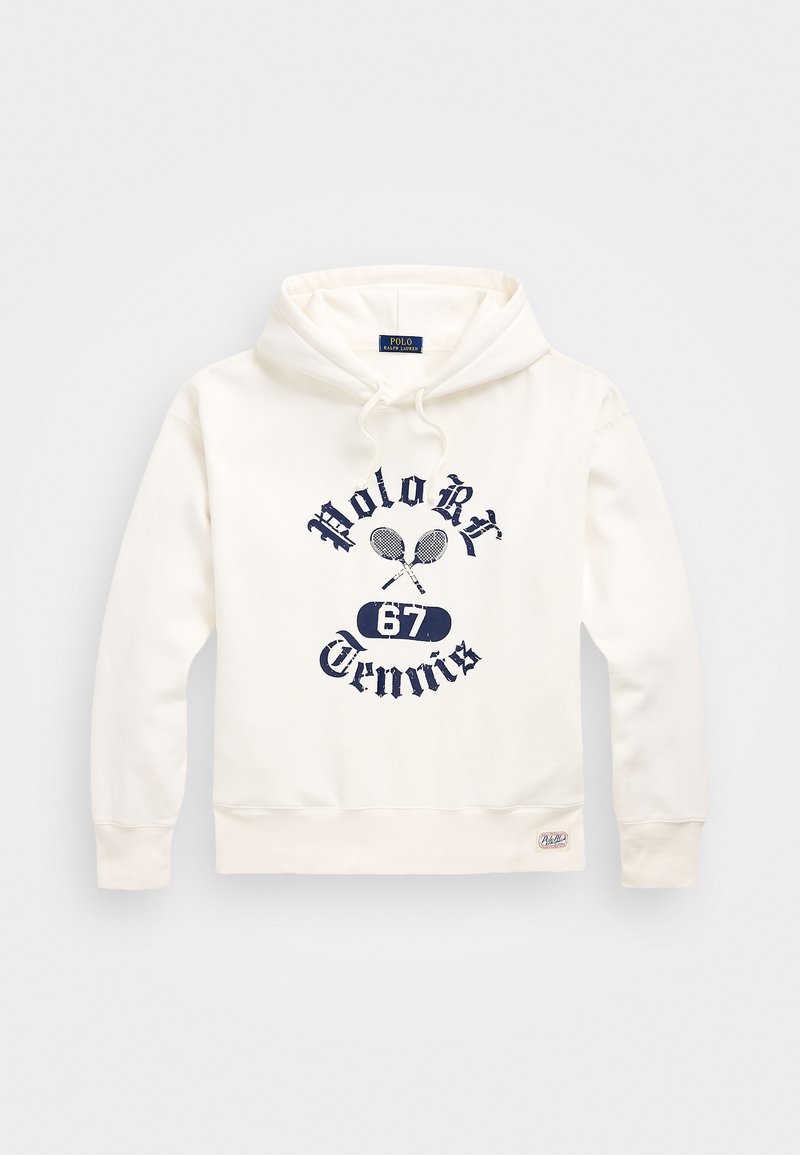 White hooded sweatshirt with navy graphic featuring crossed tennis rackets, "Polo R." and "67 Tennis" text. Soft texture, drawstring hood.