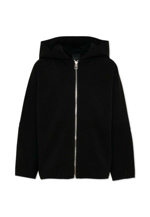 Felpa nera con cappuccio con zip integrale, maniche lunghe e cerniera frontale argento, mostrata stesa su sfondo bianco.