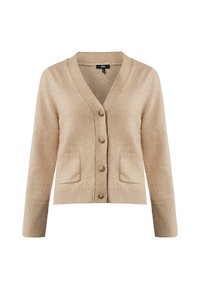 Beige stickad kofta med V-ringning, knäppning fram, två framfickor och ribbade muddar för extra textur och detalj.