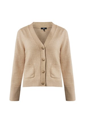 Beige gebreide cardigan met een V-hals, knoopsluiting aan de voorkant, twee voorzakken en geribbelde manchetten voor extra textuur en detail.