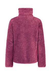 Dugulja za žene s dugim rukavima i visokim ovratnikom, u tamnoružičastoj boji, mekane i plišaste teksture, prikazana s leđa.