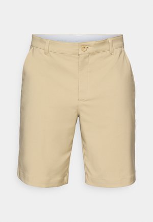 Beige shorts gjorda av lättviktig tyg, med knappstängning, sidofickor och en ren avslutning. Slät textur och skräddarsydd passform.